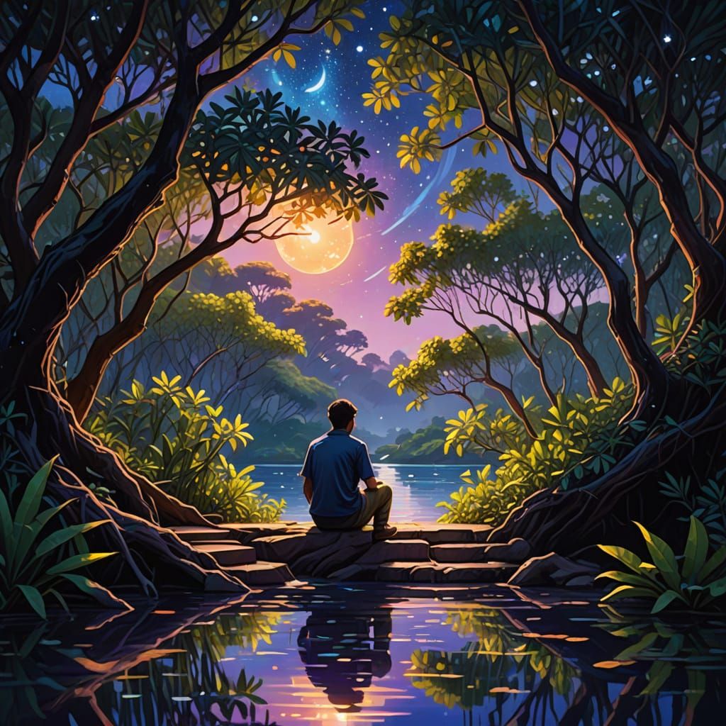 Man by Tropical Sea, Glowing Staircase to Stars