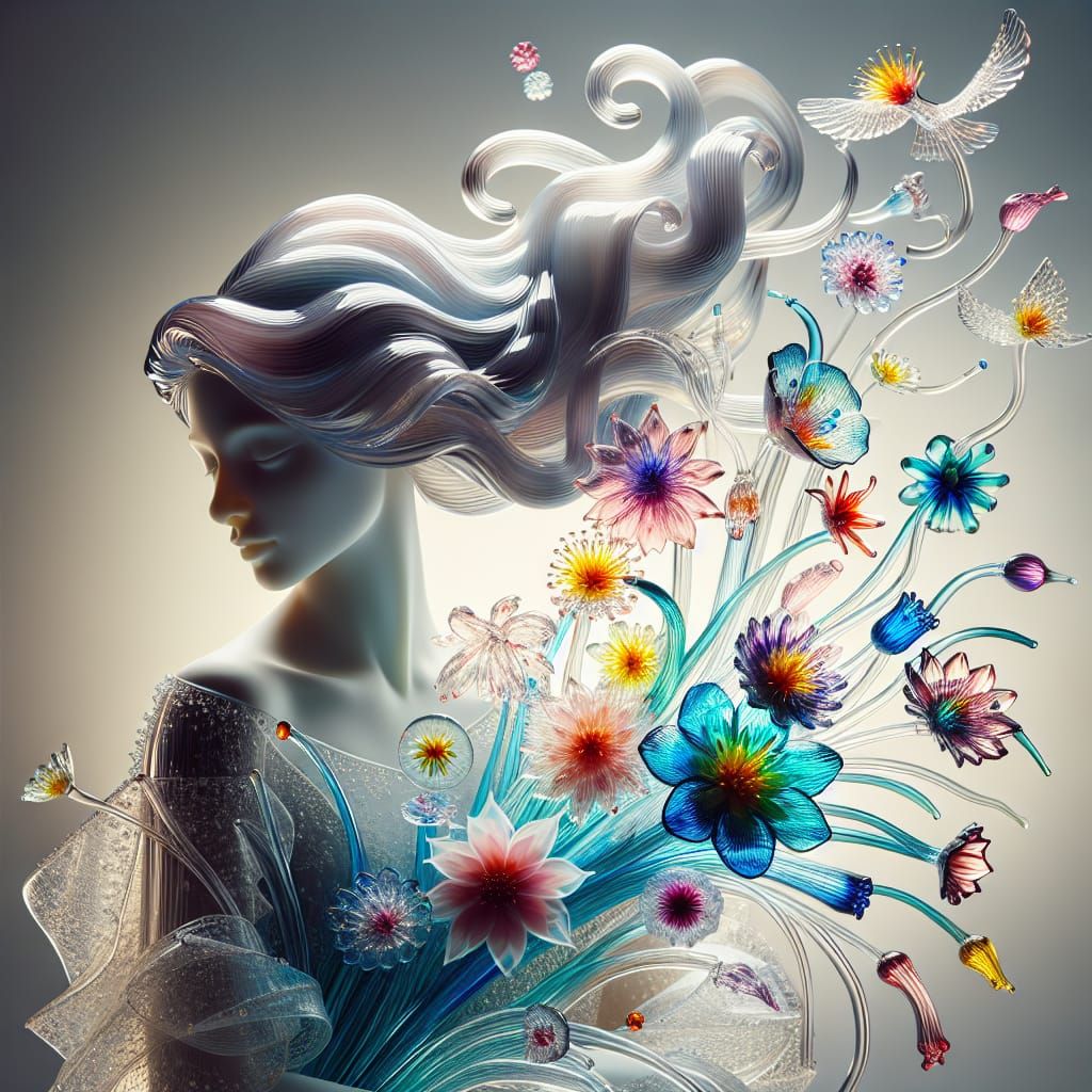 Glass Sculpture of Woman with Flowers