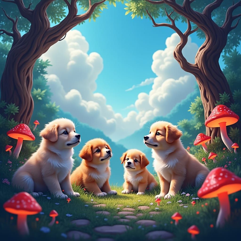 Puppies in Whimsical Forest: Matte Painting Style