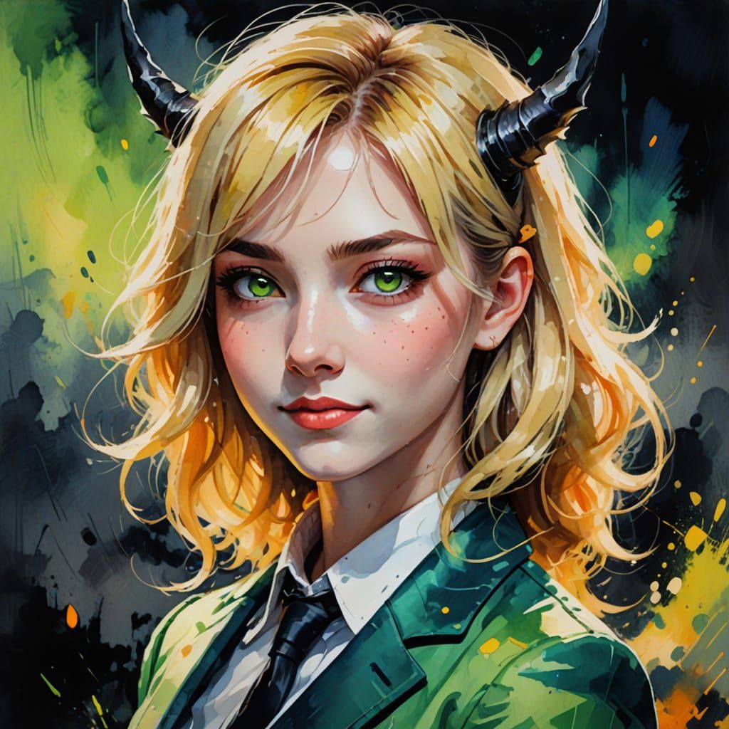 Impressionist Anime Portrait of a Blonde Demon Woman in a Cu...