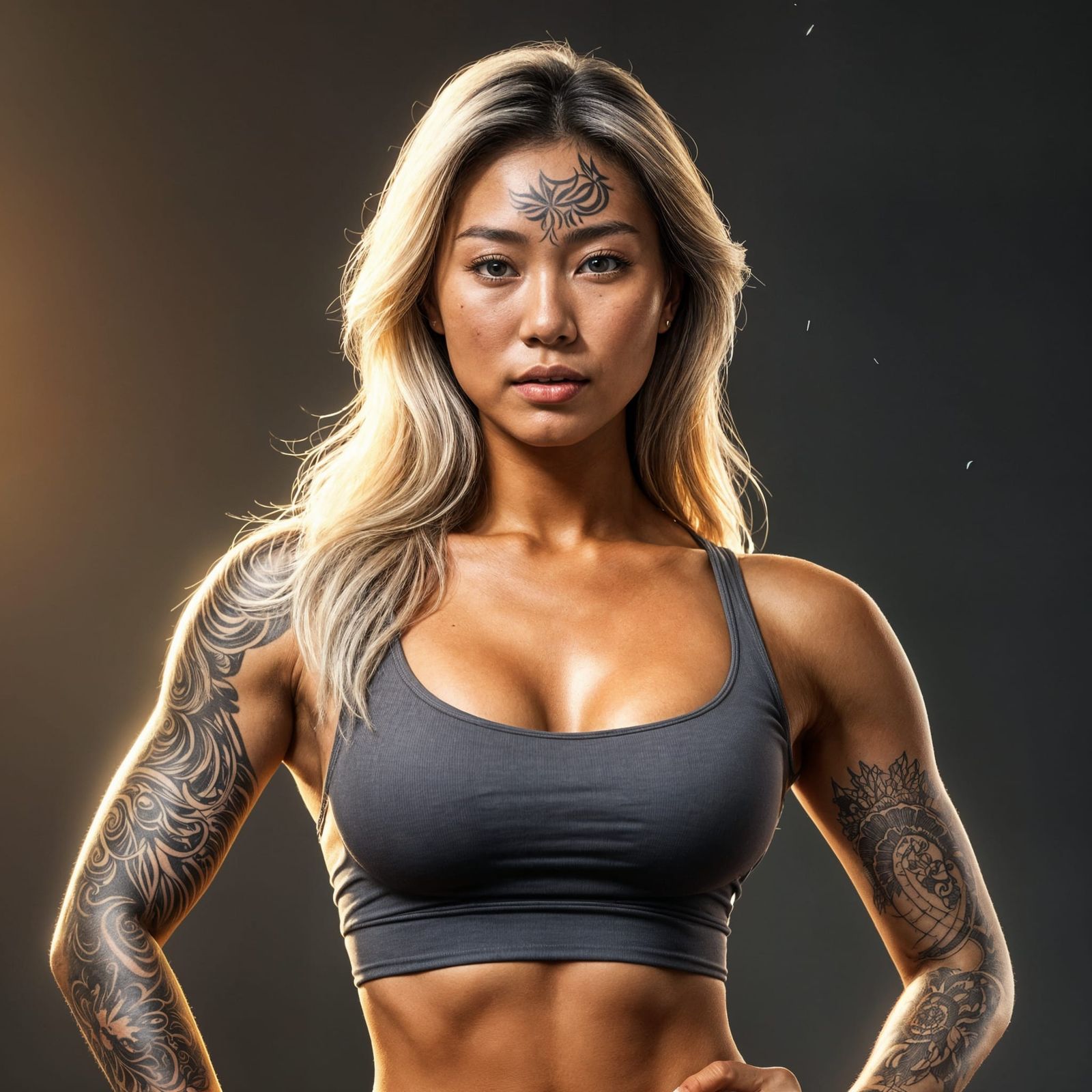 Attractive young Asian woman standing confidently with a lithe, athletic build that showcases her well-defined muscles. ...