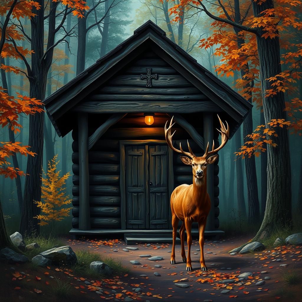 Idyllic Forest Chapel with Deer in Autumn