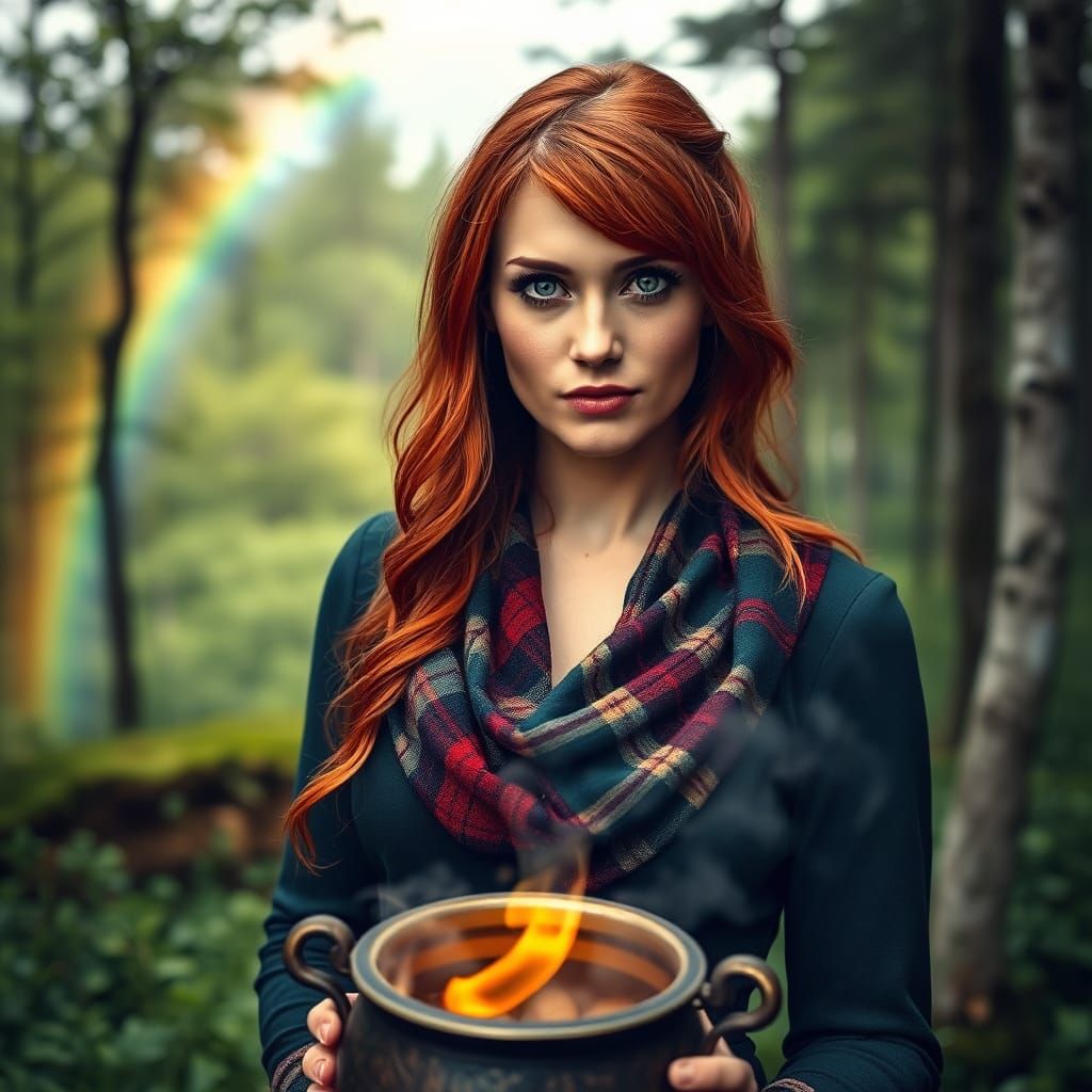 Mystical Redhead in Scottish Attire with Rainbow and Treasur...