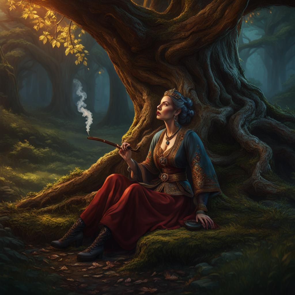 Woman Smoking Pipe: Detailed Matte Painting