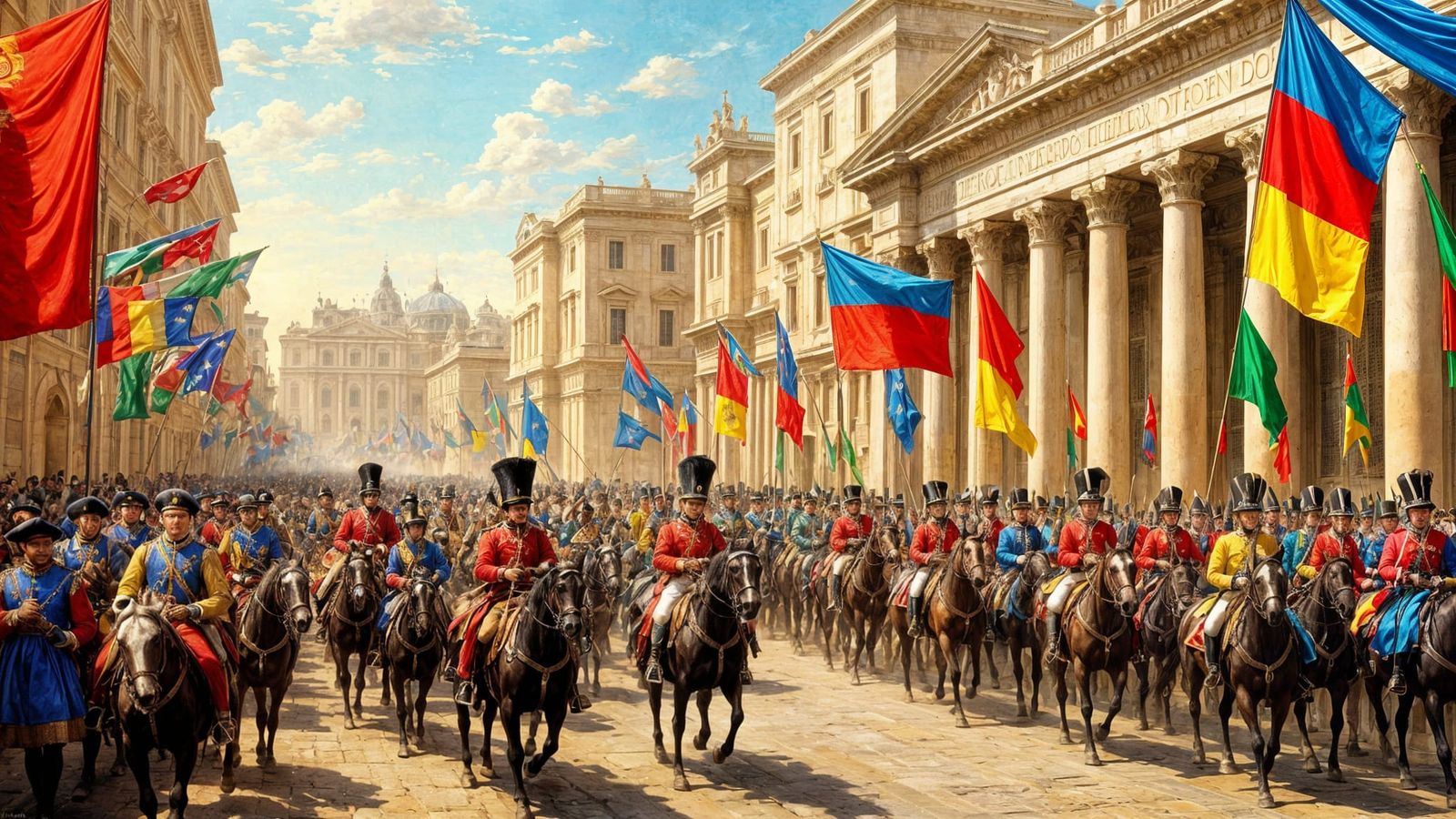 Italian Army Parade in Rome: Neo-Impressionist Oil Painting