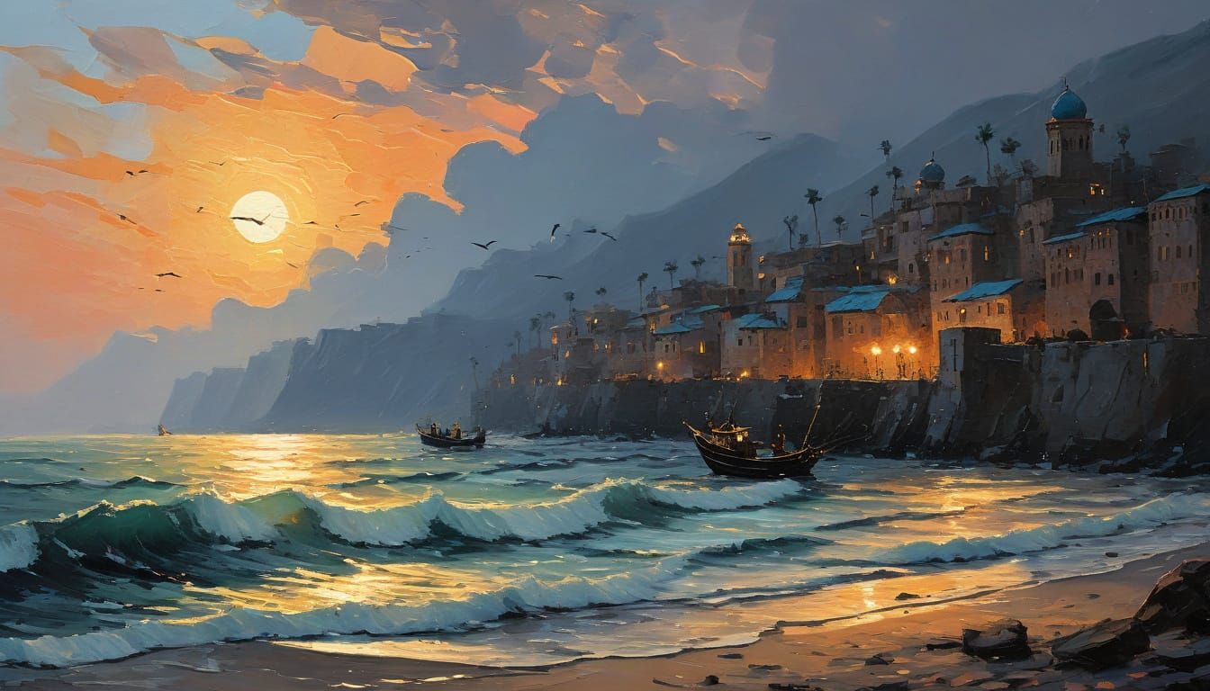 Sunset Port City Painting with Impasto Techniques