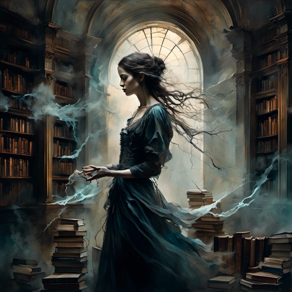 Ethereal Victorian Woman in Gothic Library