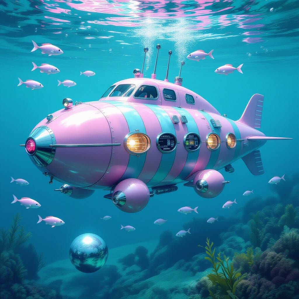 Pastel Submarine with Feminine Design in Underwater Scene