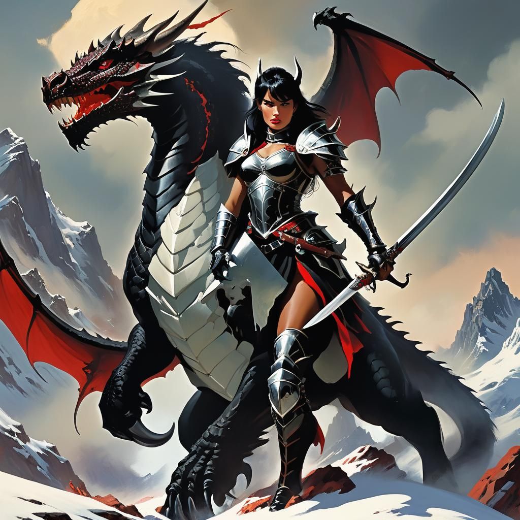 Dragon Woman with Flaming Sword in Fantasy Illustration