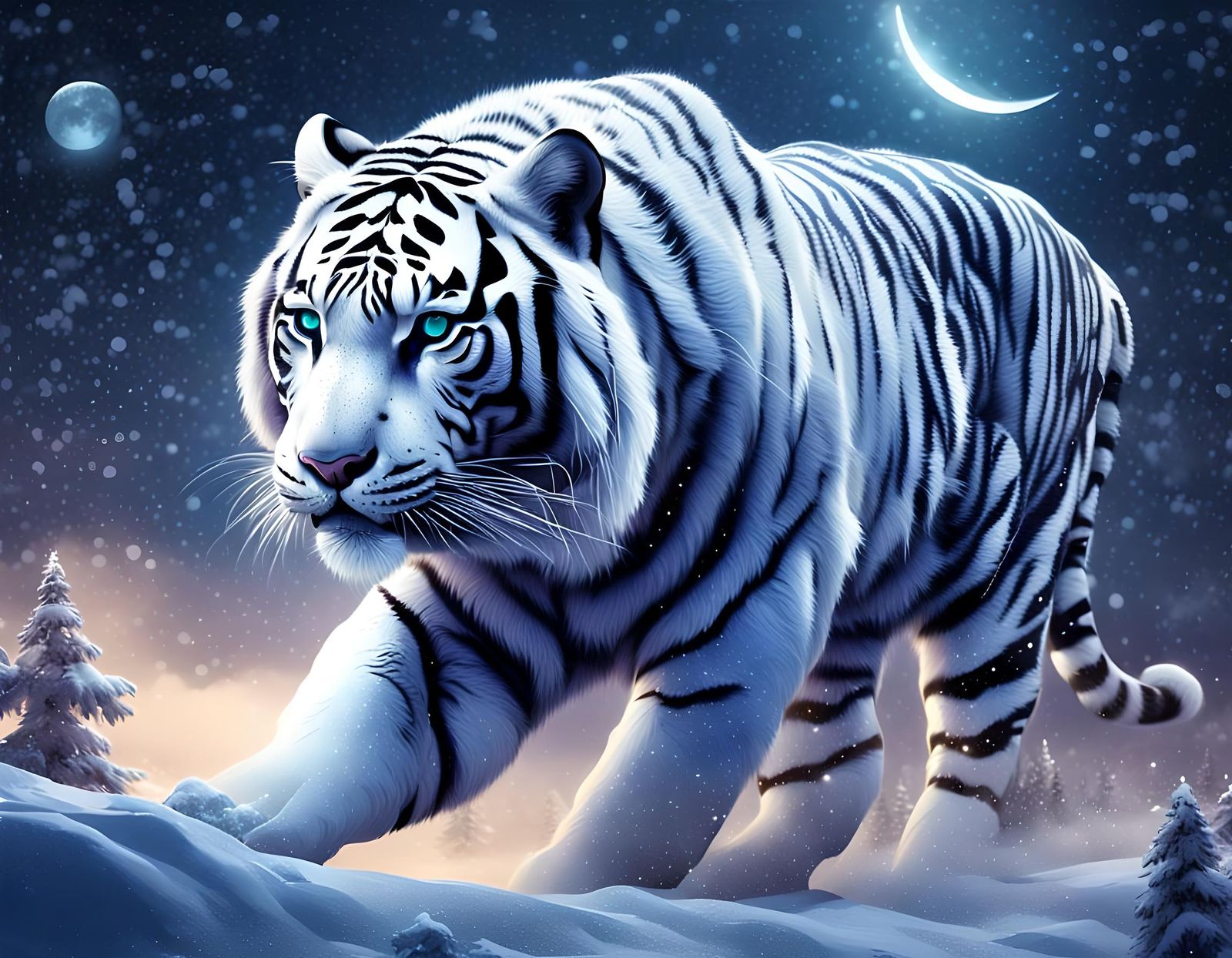 Fierce White Tiger in Snowy Night Landscape