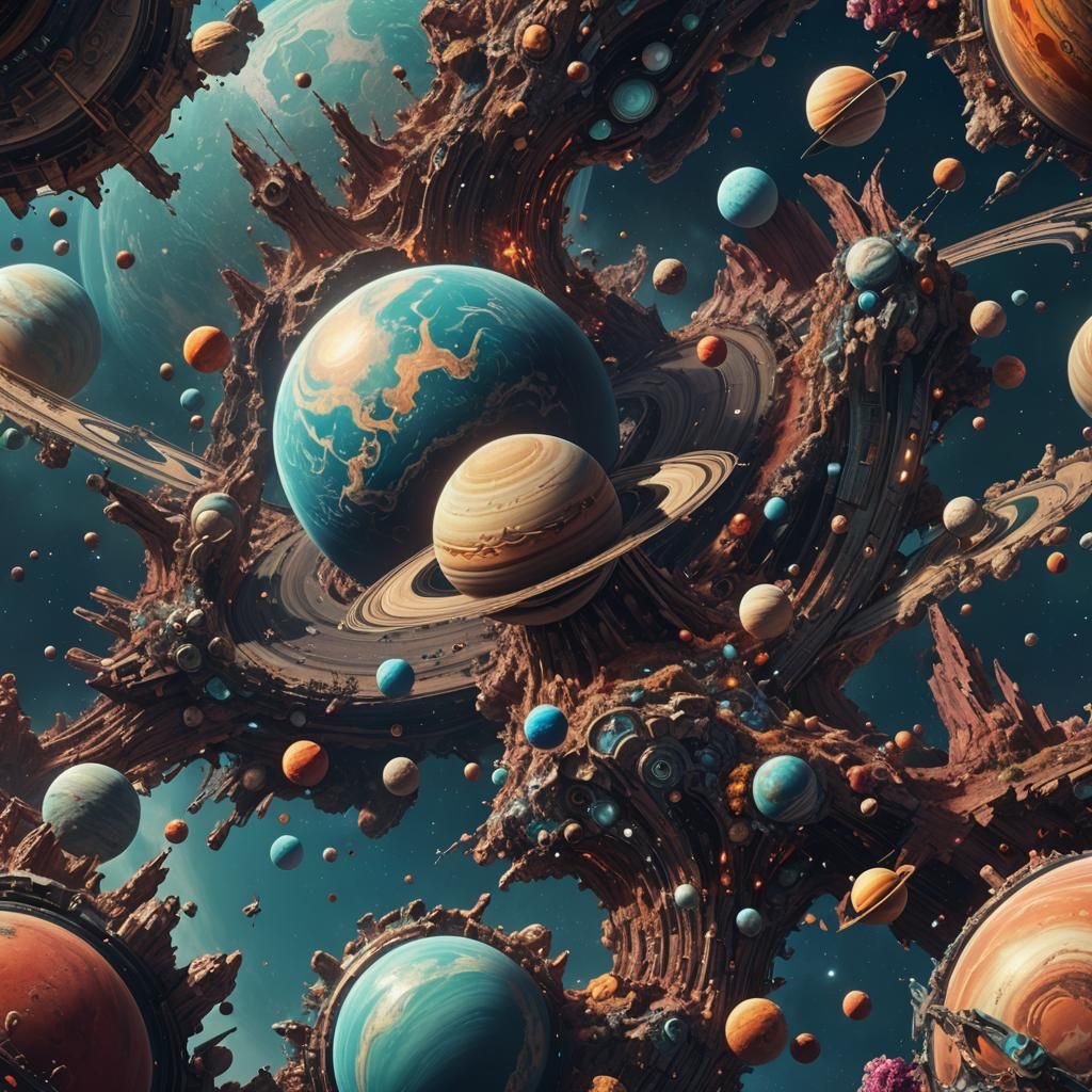 Whimsical Saturn: Detailed Matte Painting in Deep Color