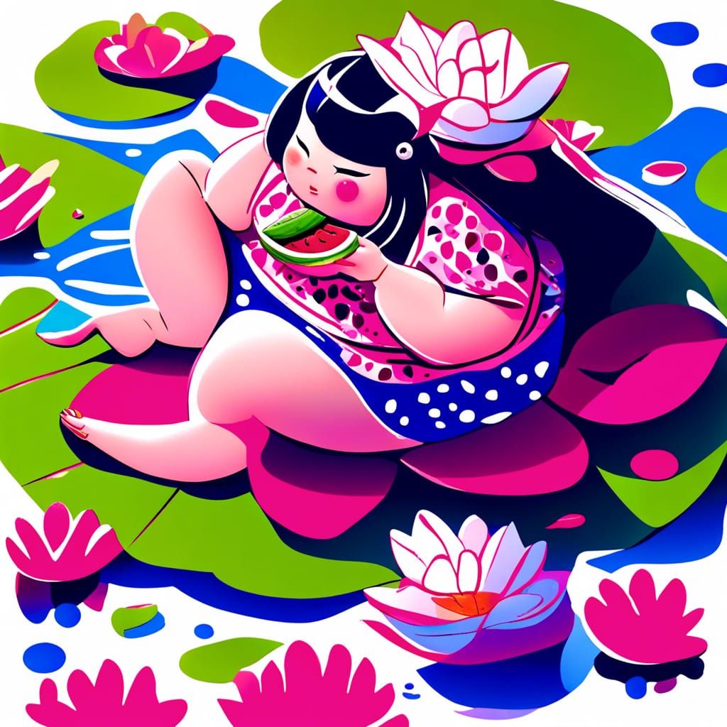 Girl with Watermelon on Water Lily Leaf