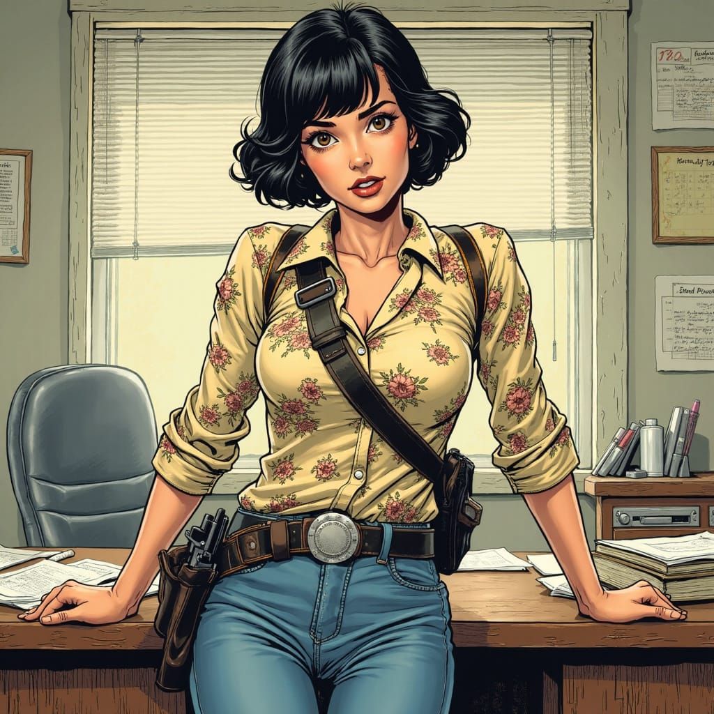 Comic Art Female Detective in Police Office