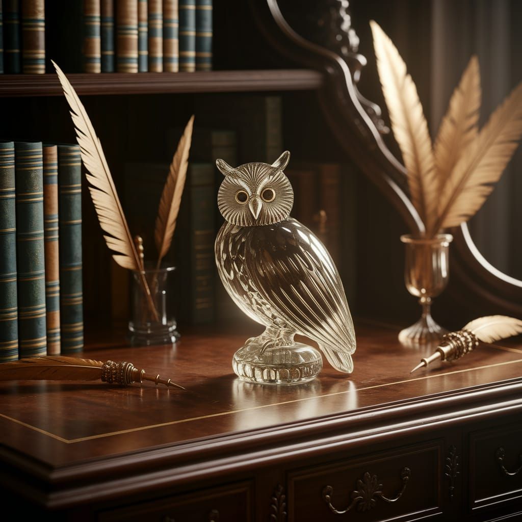 Glass Owl Perched on Antique Desk