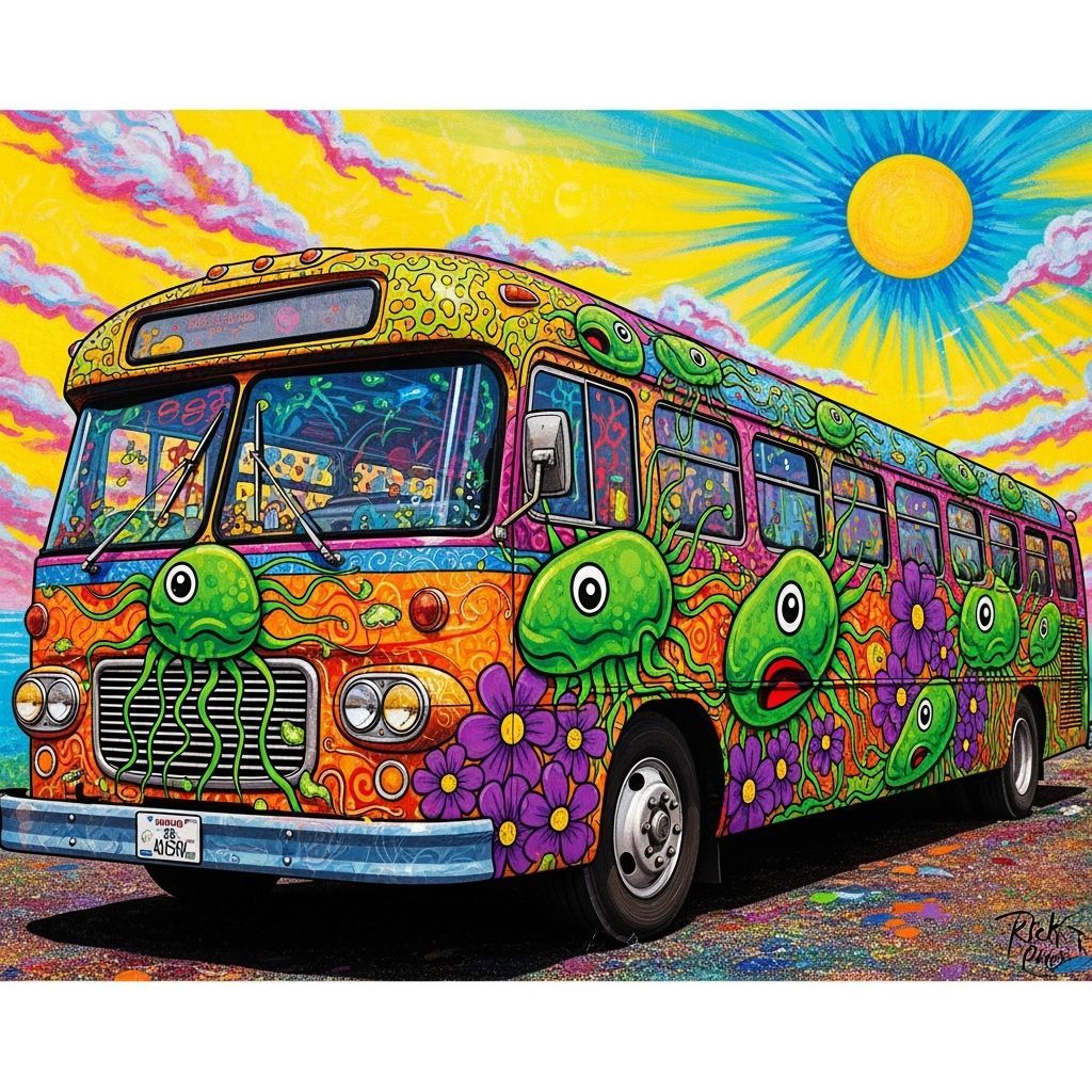 Psychedelic 1960s Bus in Rick Griffin Style