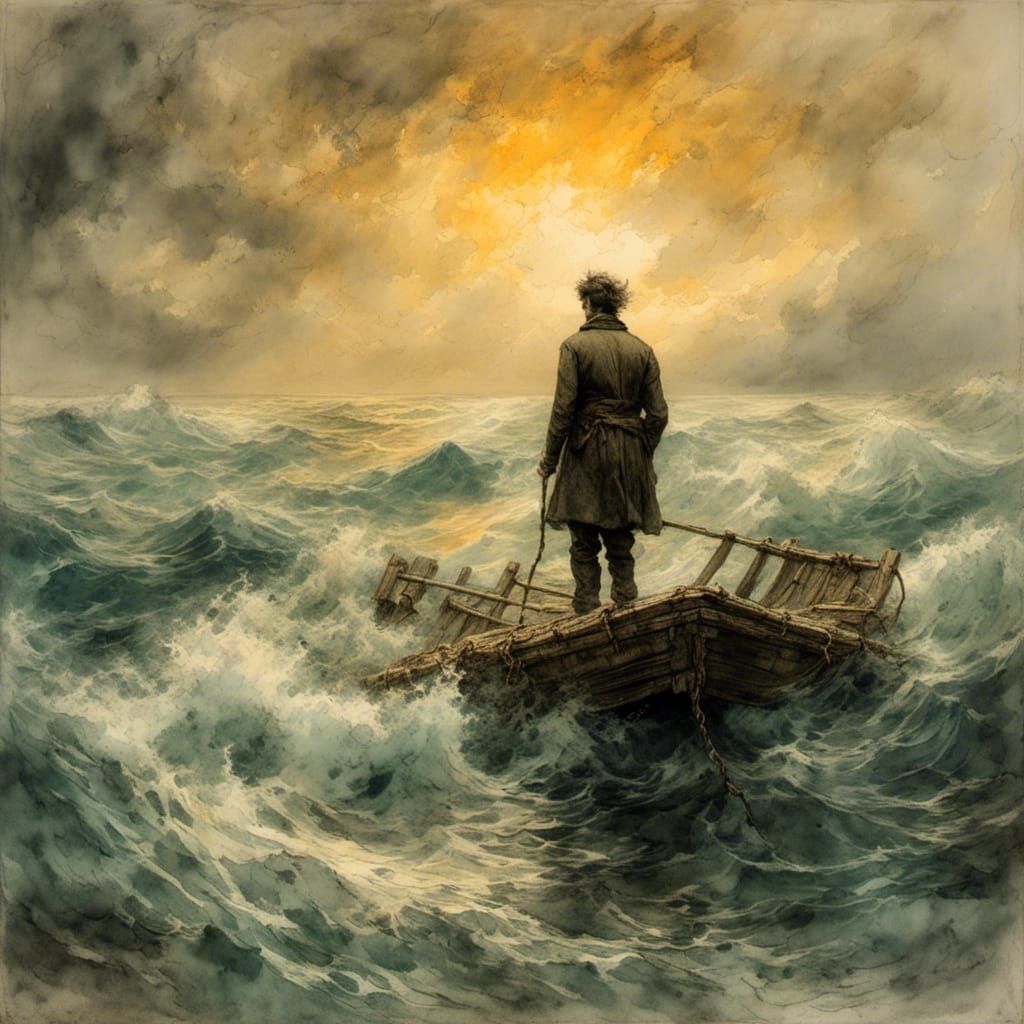 Stormy Seas: Man Adrift, 19th Century Impressionism