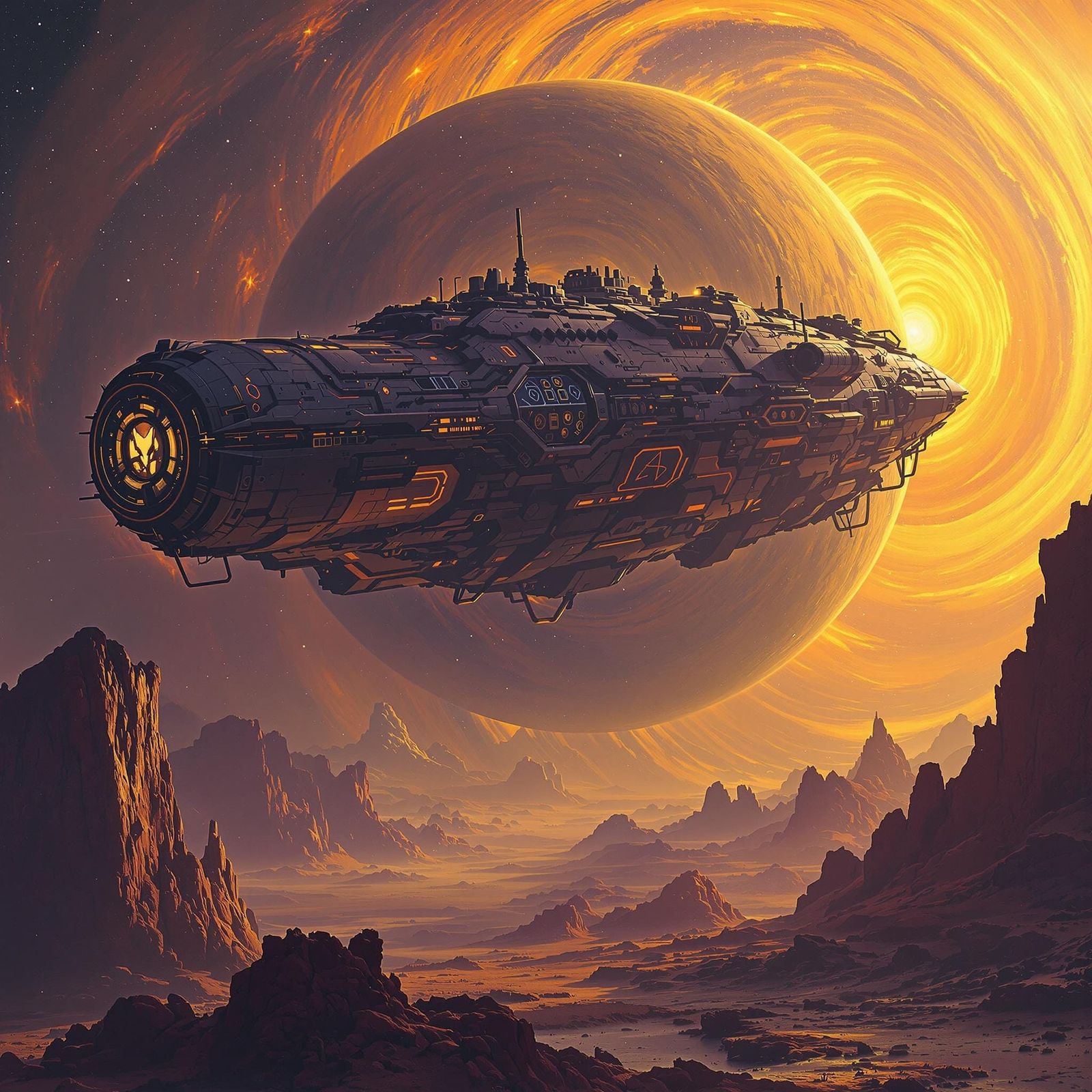 Colossal Spaceship Orbiting Dreamlike Planet in Retro Sci-Fi...