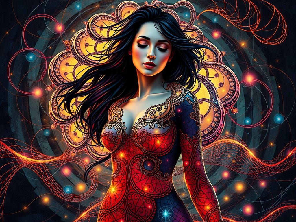 Sacred Geometry Goddess in Vibrant Filigree Textile Art