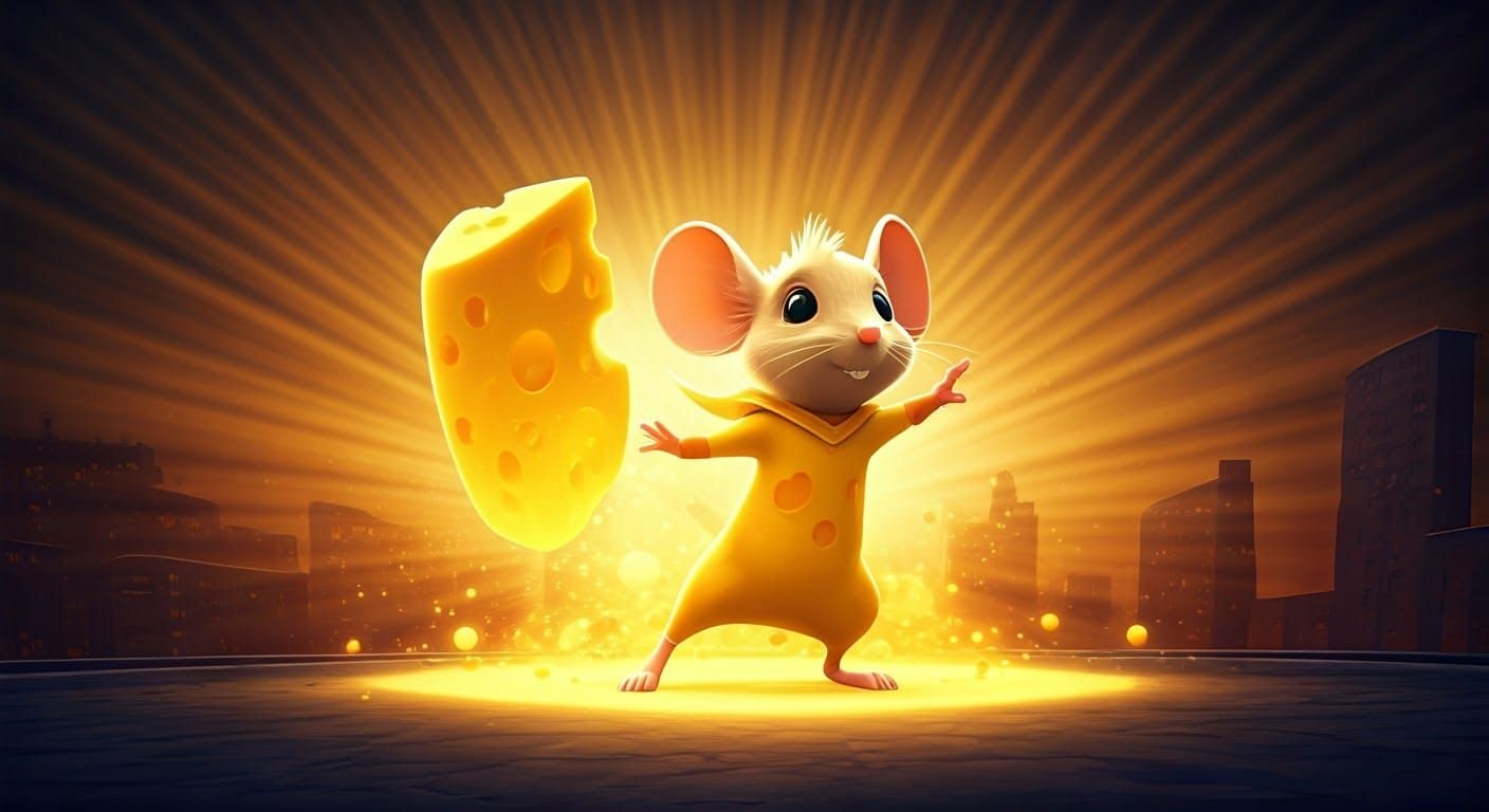 Magical Mouse Versus Feline Foe in Vibrant Cityscape