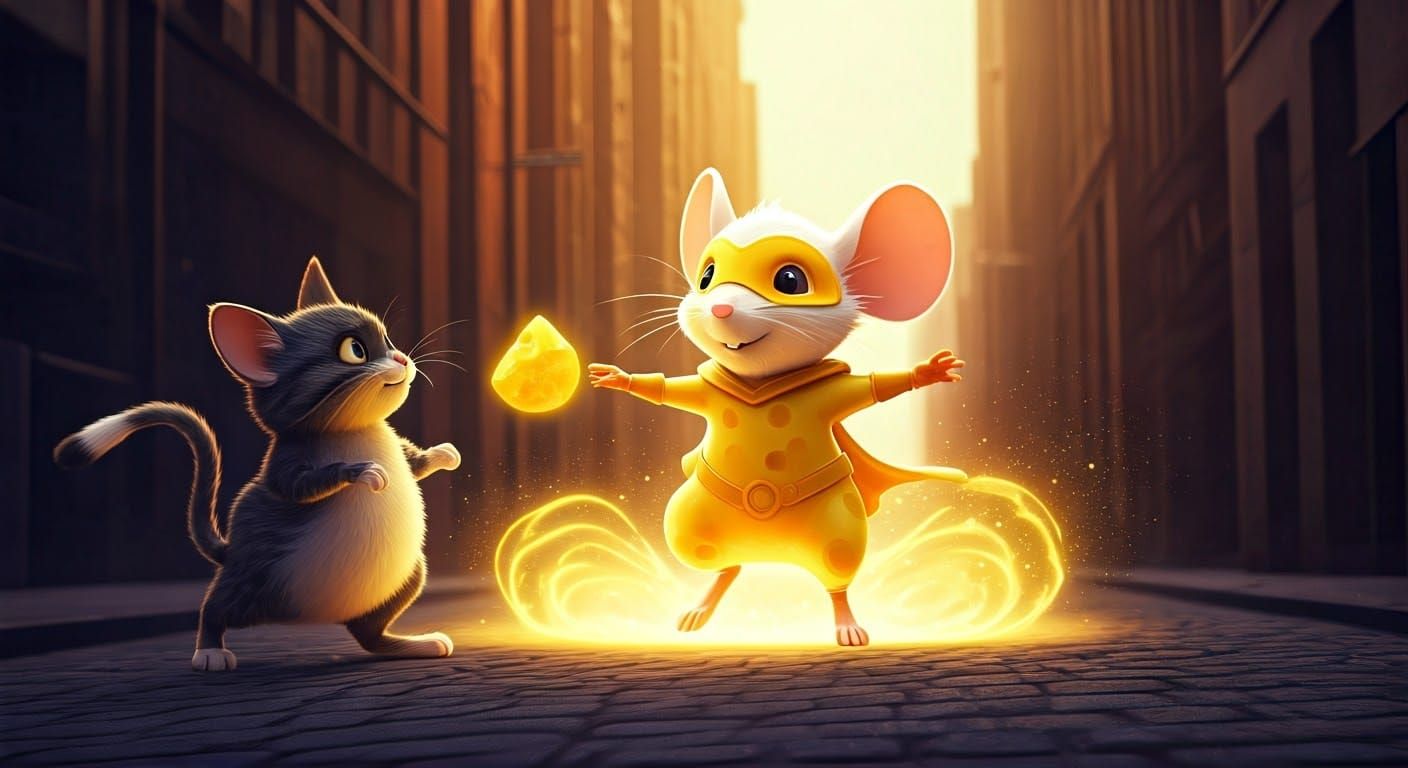 Mouse Superhero Battles Cat Villain in Cheesy Magic