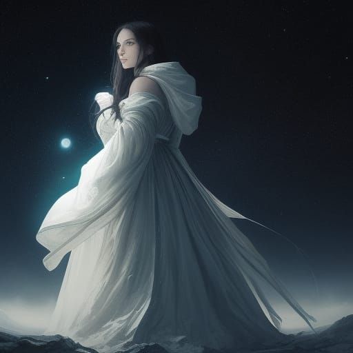 Ethereal Futuristic Goddess Wields Lightsaber Under Starry S...