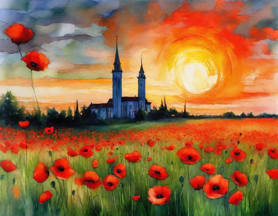 Poppy Field Landscape with Tower in Impressionist Style