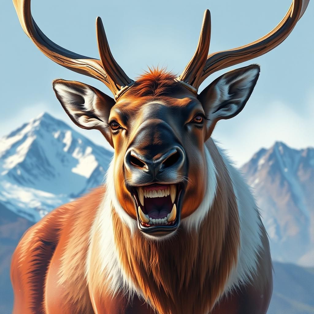 Majestic Caribou Snarls in Dreamlike Landscape
