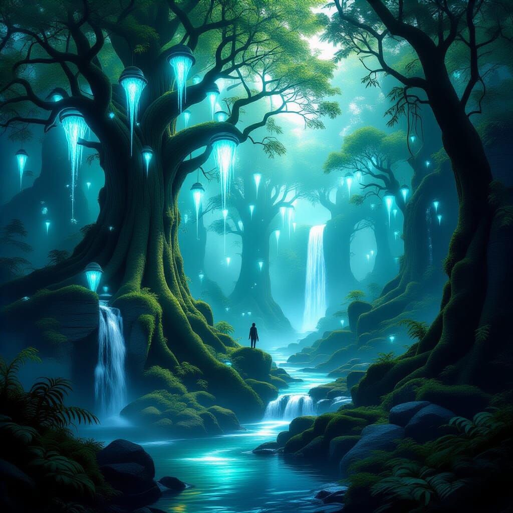 Enchanted Forest with Glowing Trees and Crystal Cascades