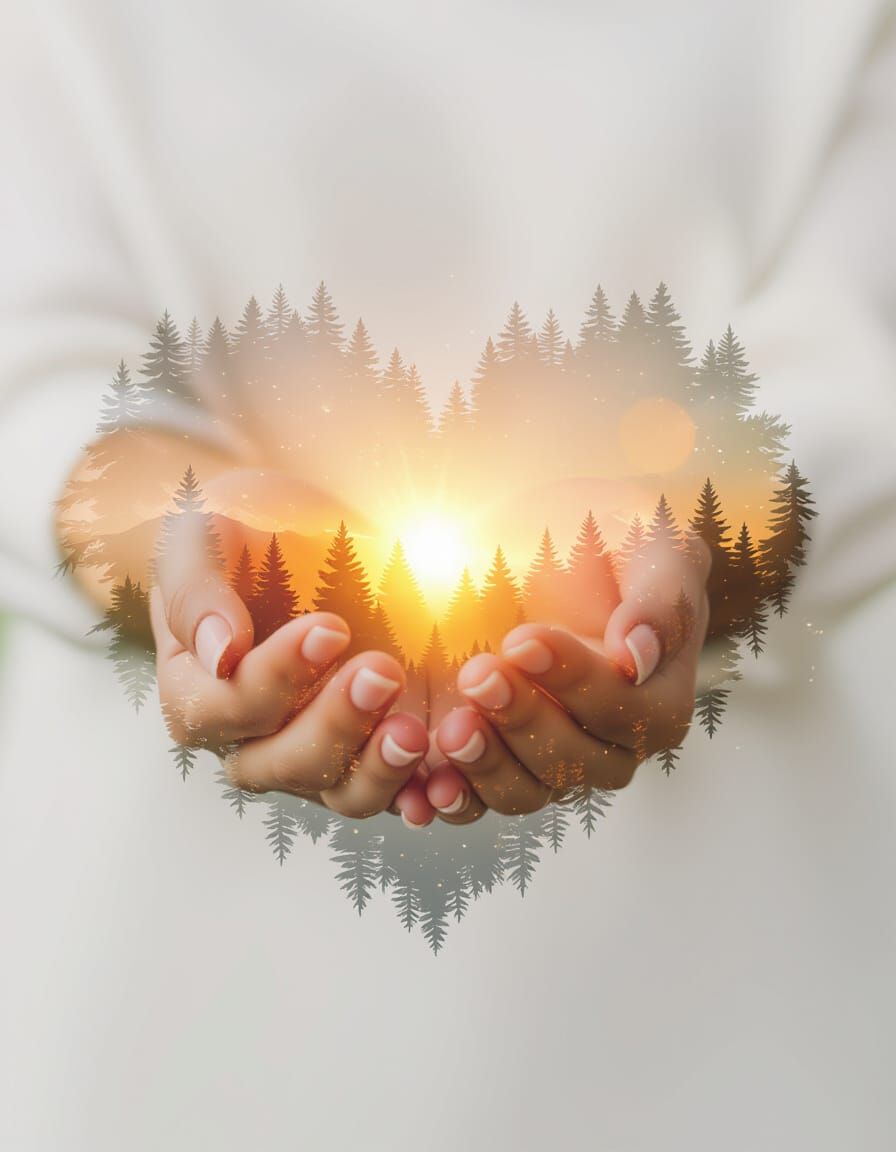 Glowing Heart in Hands: Double Exposure Art