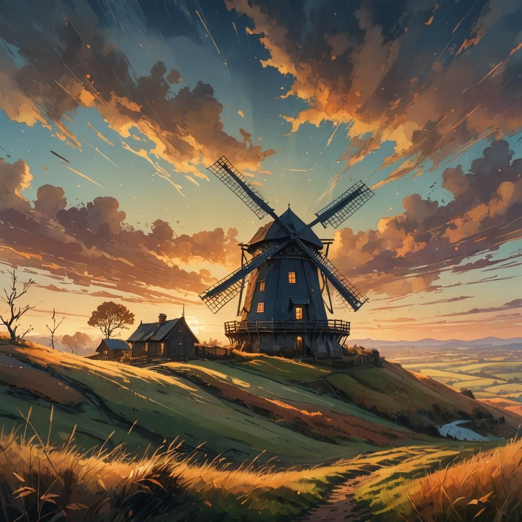 Windy Autumn Windmill in Fantasy Style