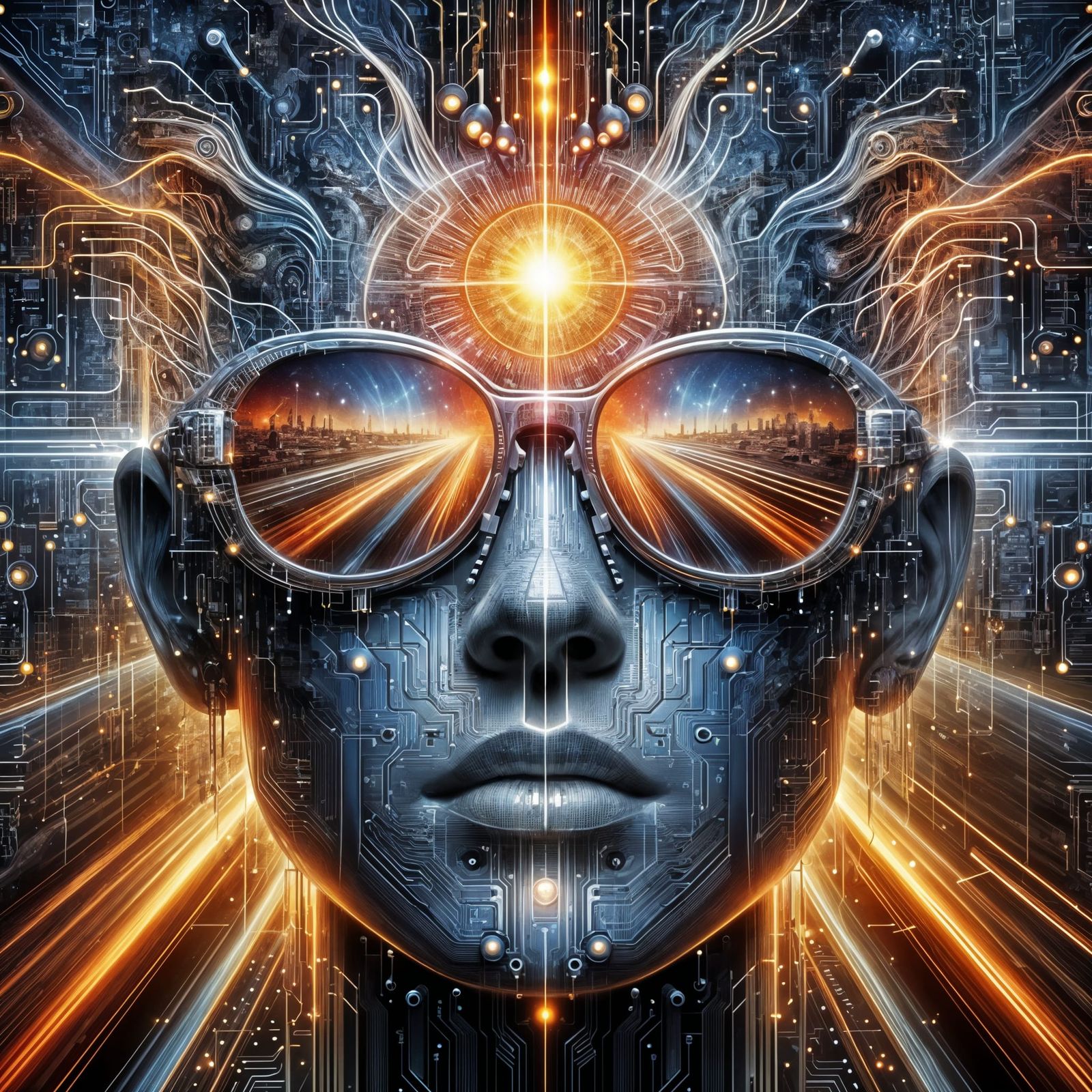 Futuristic Face with Glowing Forehead in Digital Art