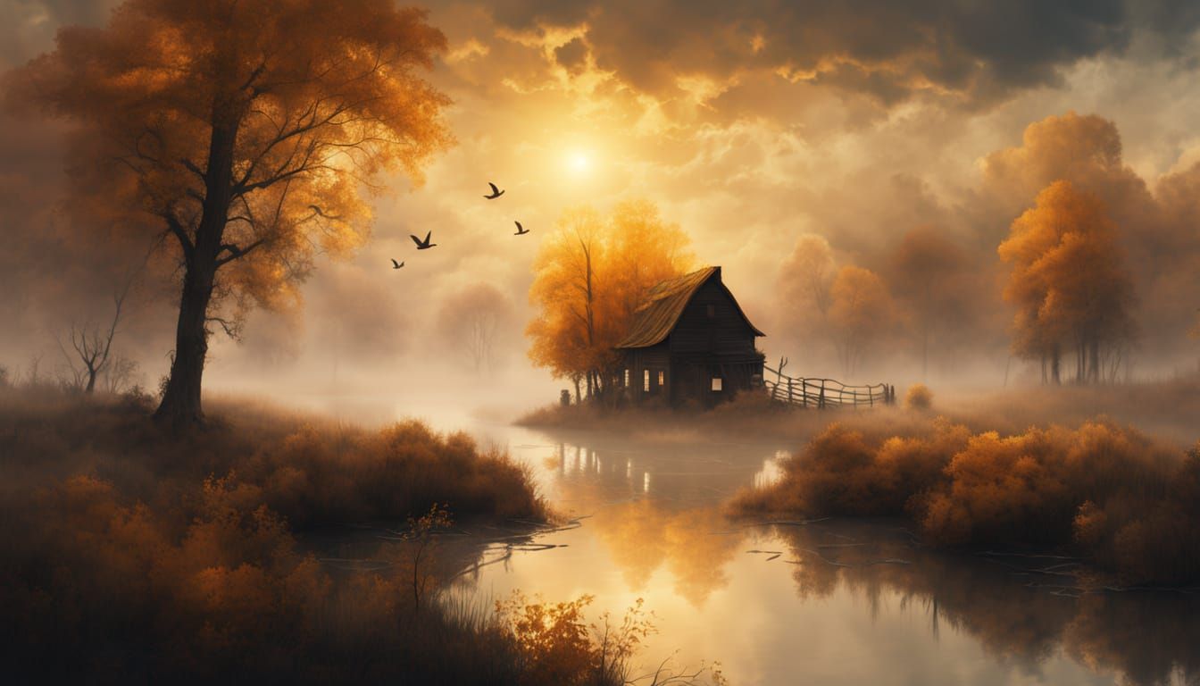 Autumn Serenity : Cottage by the Misty River