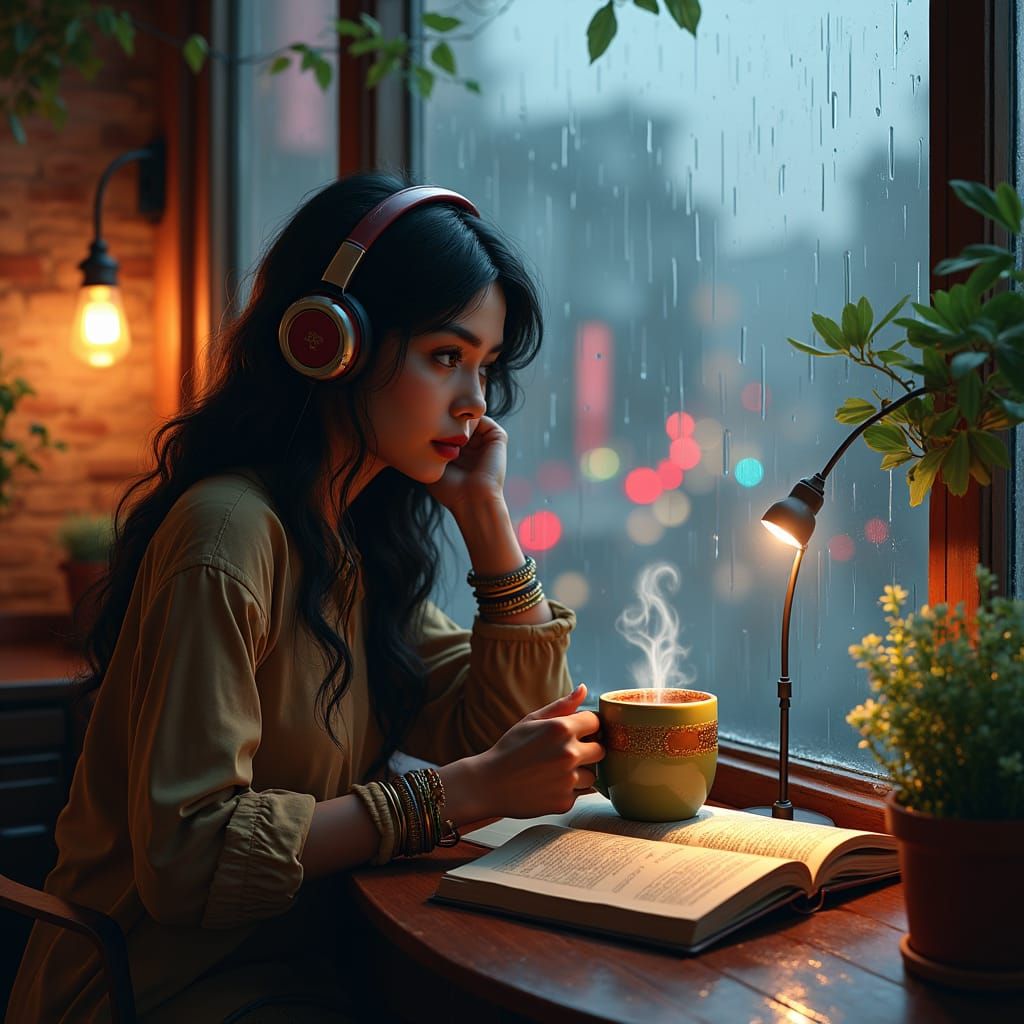 Cozy Cafe Scene on Rainy Day