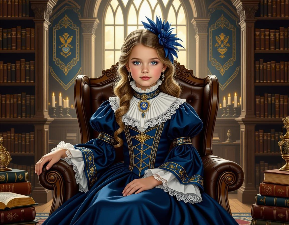 Victorian Girl in Ravenclaw Library: Whimsical Art