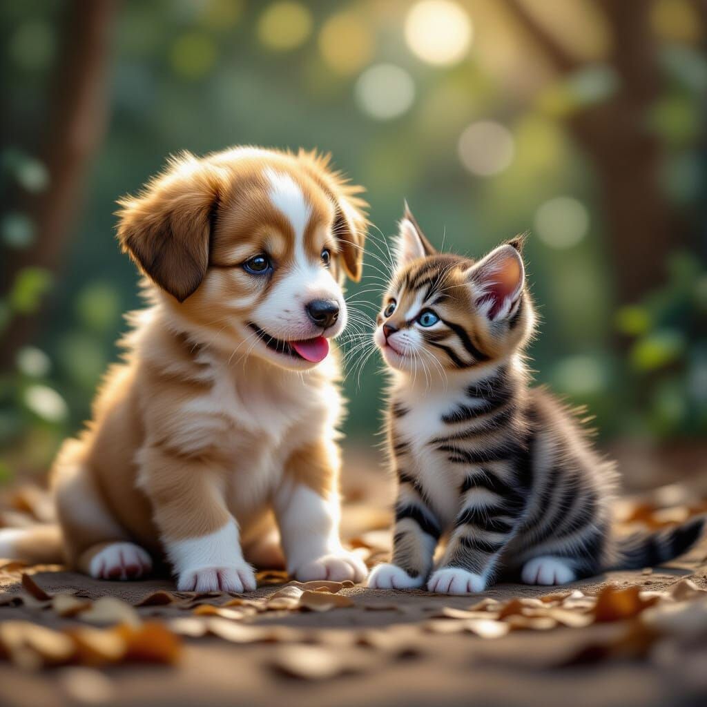 Puppy and Kitten Play Together in Fantasy Art Style