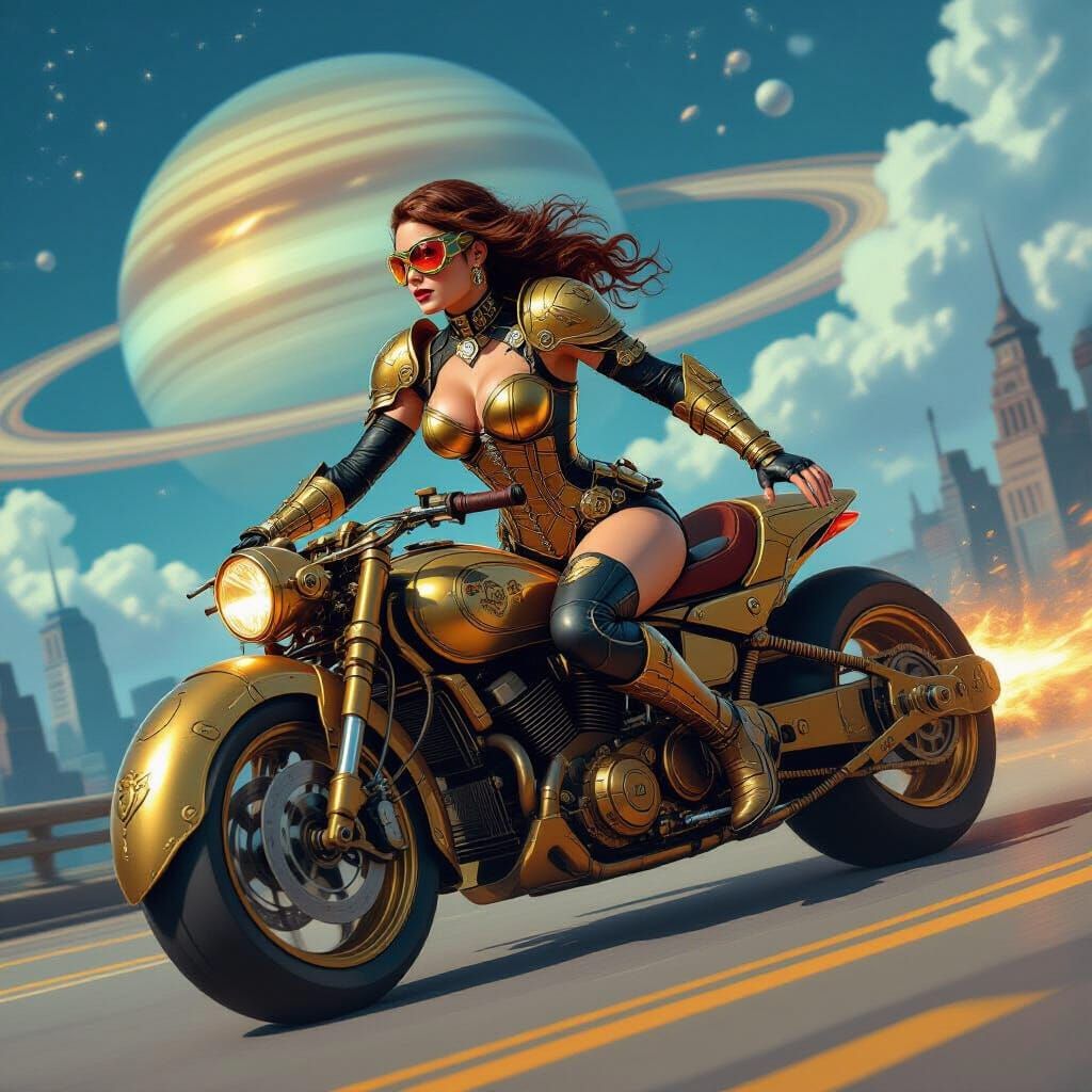 Steampunk Superheroine Races Against Time near Saturn