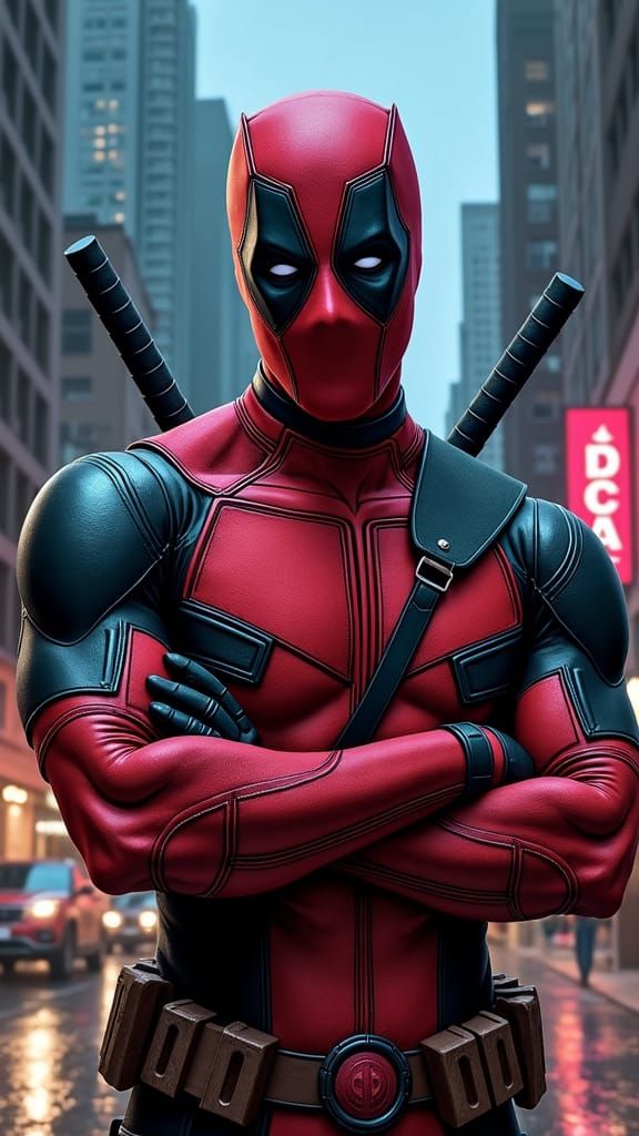 Heroic Deadpool in Gritty Cityscape Comic Art