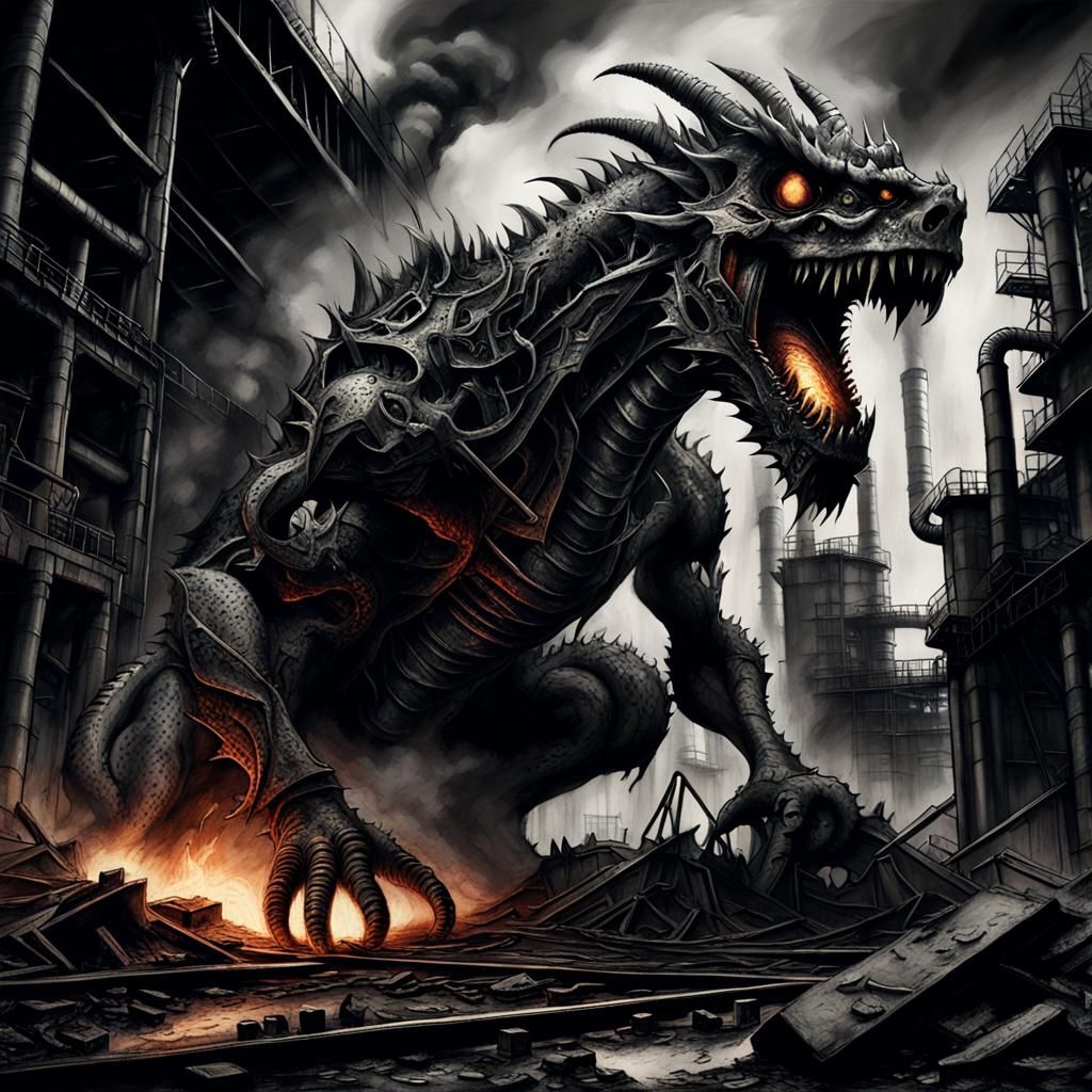 Zombie Dragon Destroys Power Plant: Charcoal Drawing