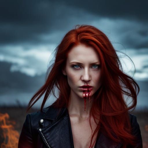Distressed Redhead in Flames: Detailed Matte Painting