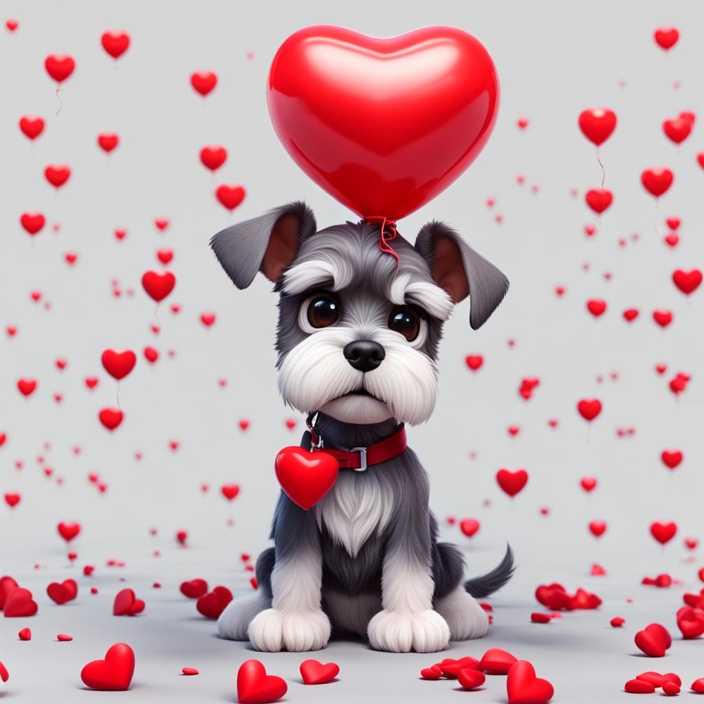 Cute Sad Schnauzer Puppy with Red Hearts