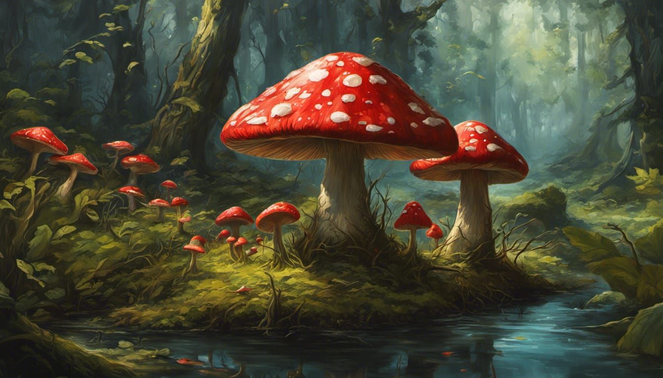 Hyperrealistic Mushroom Swamp with Butterflies