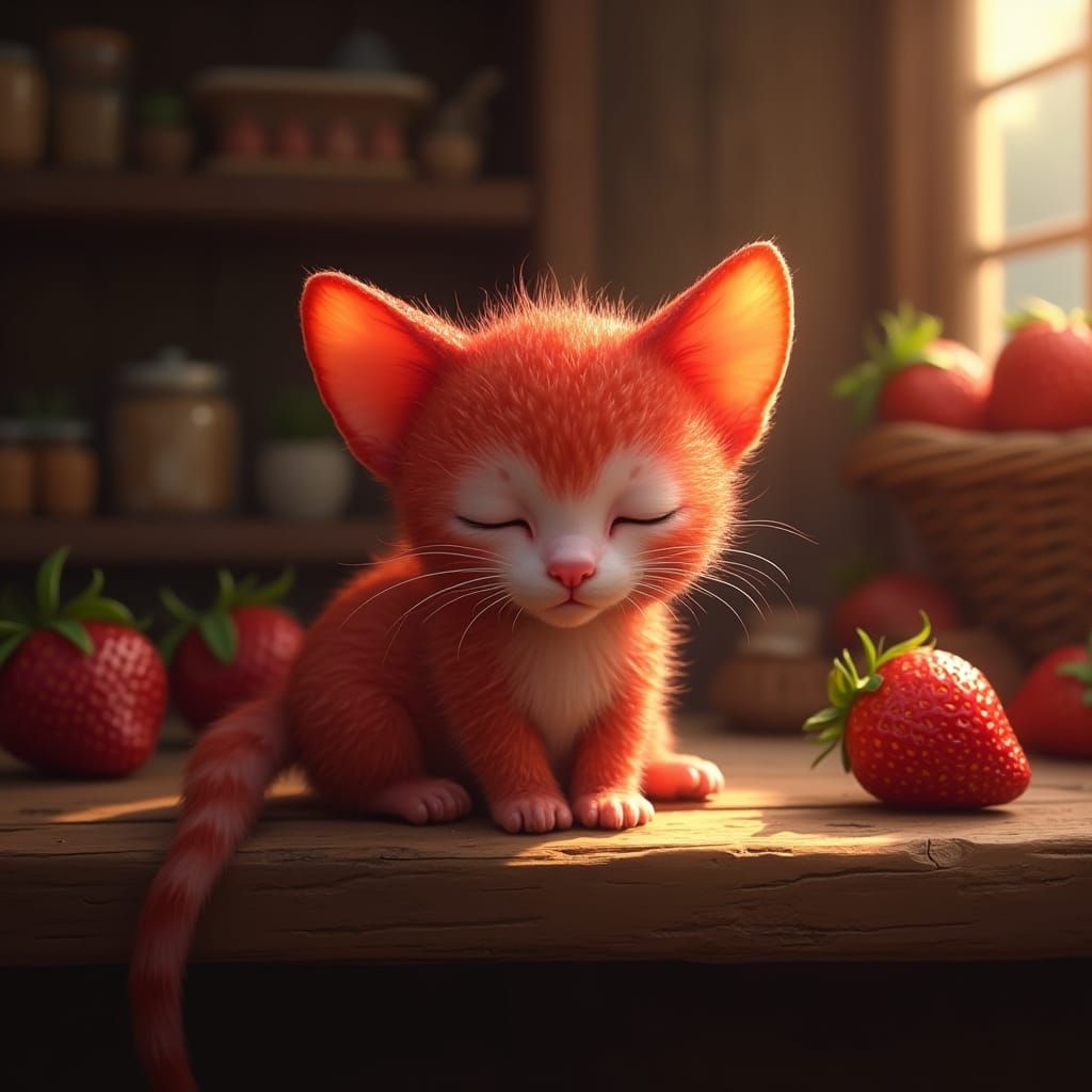 Whimsical Strawberry Kitten Snoozes on Wooden Fruit Seller S...