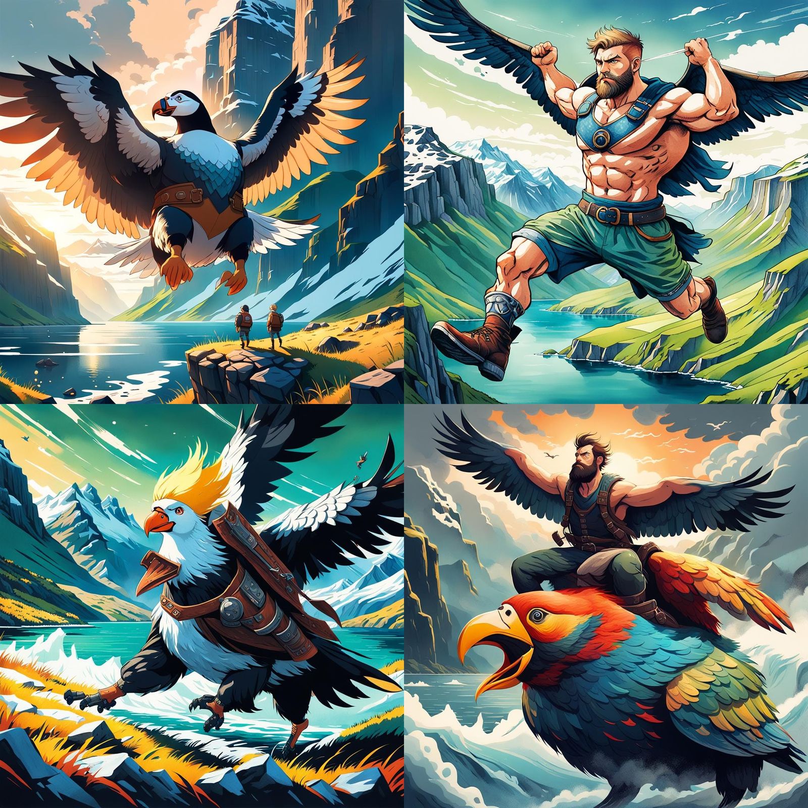 Nordic Man Rides Puffin in Anime Style