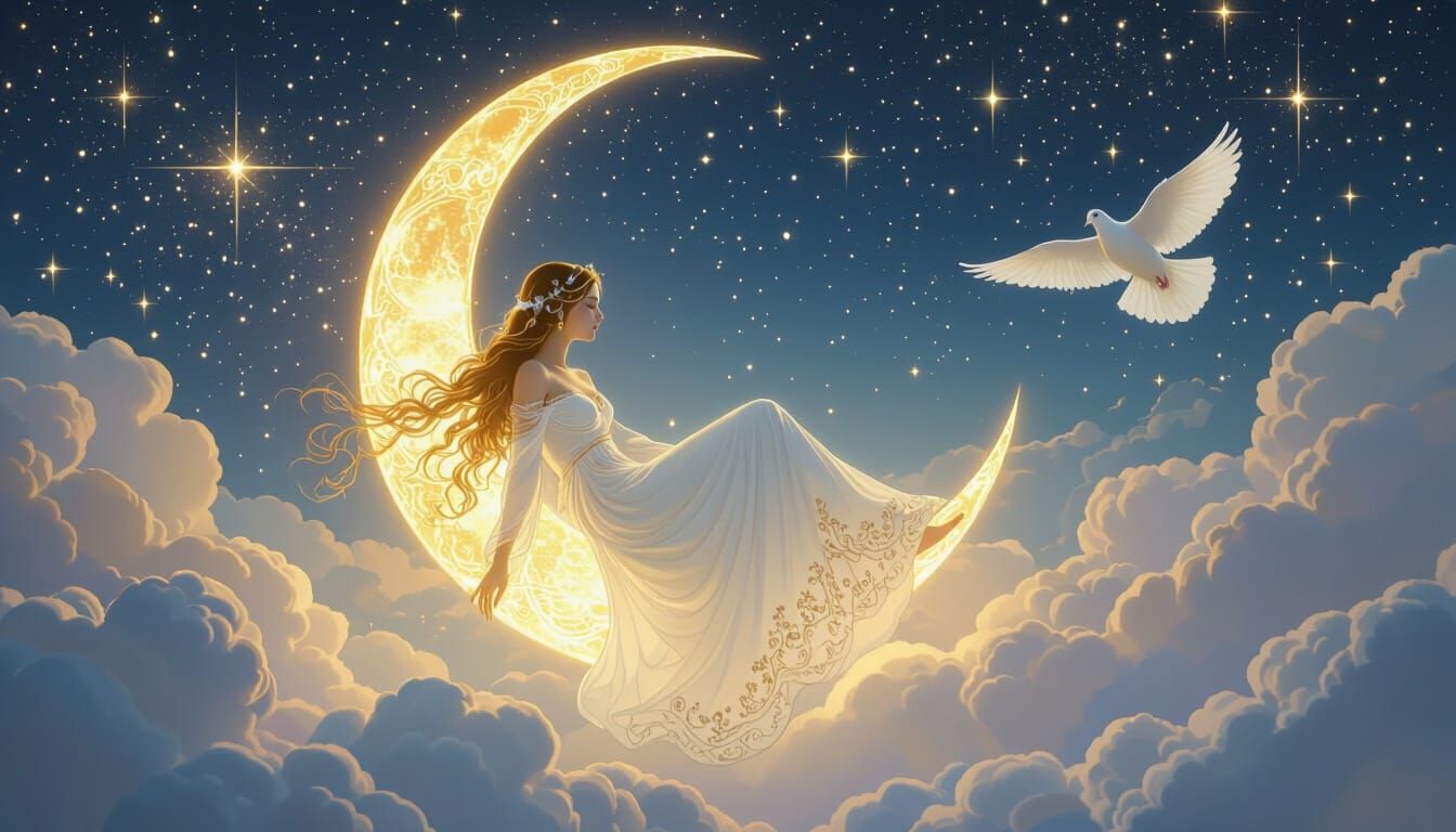 Ethereal Moon Goddess on Golden Crescent Moon