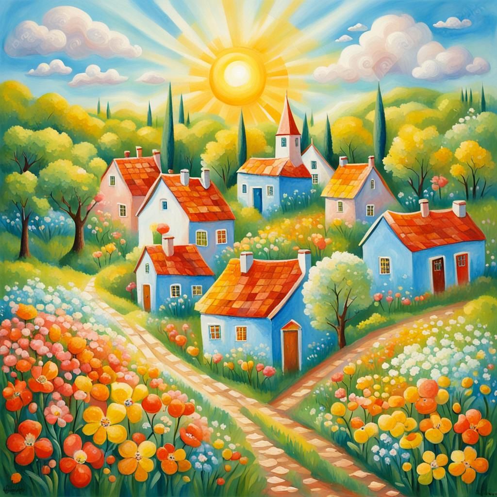Sun-Drenched Village in Naive Watercolor Style