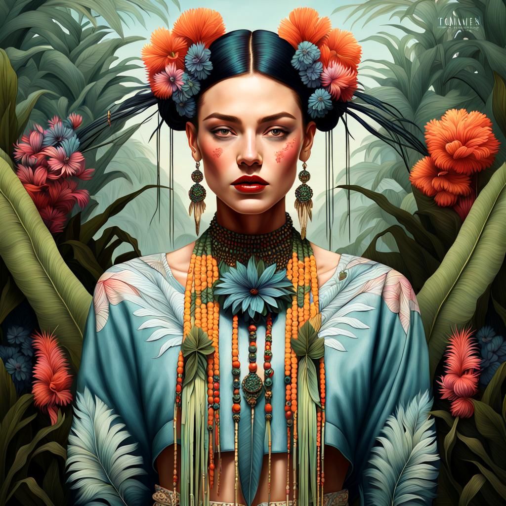 Intricate Digital Painting of Woman in Beaded Clothing