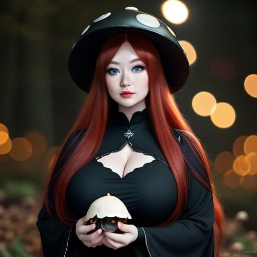 Kawaii Mushroom Woman in Magic Forest at Night