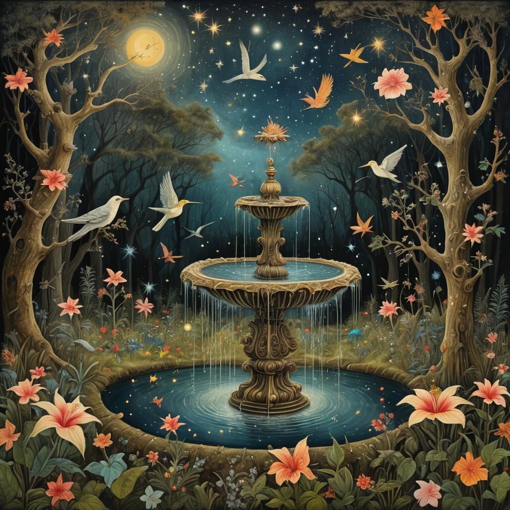Surreal Forest Bird Fountains in Starry Night Style