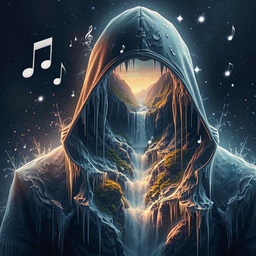 Mystical Hooded Figure Reveals Waterfall Landscape in Cosmic...