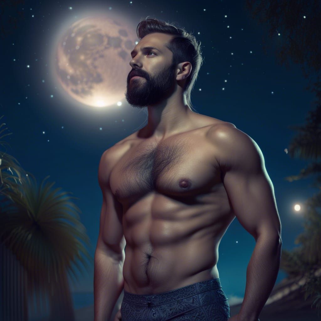 Shirtless Man Under Summer Moon: Detailed Digital Painting